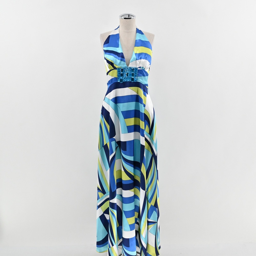 Betsy Adam Y2k Maxi Halter Dress Size 6 Satin Embellished Geometric Blue Green